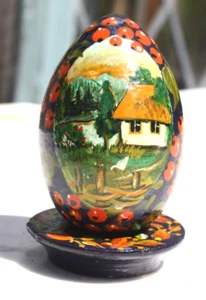 Vintage Russian Hand painted Lacquer Wooden Egg On Stand - Picture 1 of 17