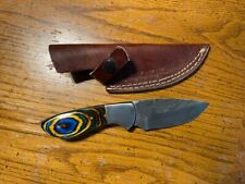 Nice Damascus deep belly caper with laminate wood stocks & leather sheath 
