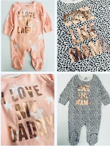 Baby Girls Ex NXT Sleepsuit Mummy Daddy Leopard Gold Pink Soft 100% Cotton NEW - Picture 1 of 3
