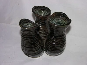 Beautiful Brown Glaze 3 Pot Connected Bundle Pottery Vases  - Picture 1 of 5