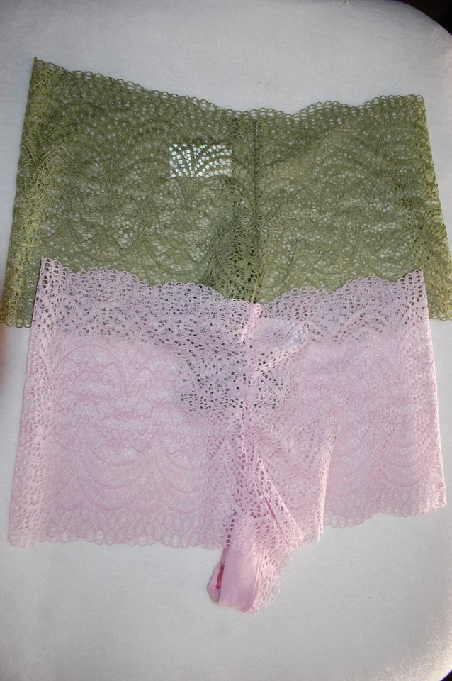 LOTE DE 2 PARES DE BRAGAS DE ENCAJE DE GANCHILLO DESCARADO para mujer Lila y Verde Oliva S/5 Foto 1 de 1
