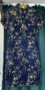 Marineblau & Gold Seide asiatisch Kimono Stil Knoten Knopf Ärmel M Zierlich Etuikleid - Bild 1 von 13