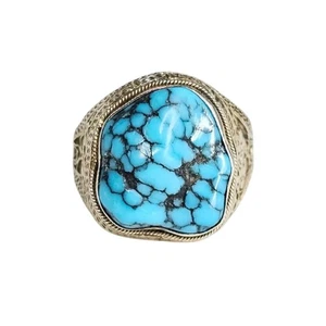 Vintage Chinese Export Vermeil Silver Gem Quality Turquoise Ring - Picture 1 of 5