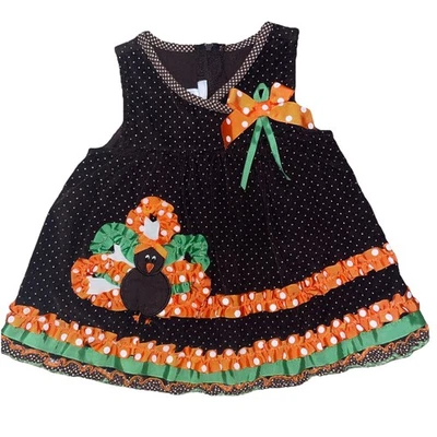 Vtg Bonnie Baby 6-9 Mo Brown Dot Corduroy Pumpkin Turkey Jumper Dress Girls Exc - Image 1 of 4