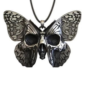 Edgy Skull And Butterfly Charm Necklace Gothic Punk Style Zinc Alloy Chain - Picture 1 of 8