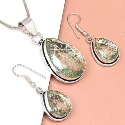 Conjunto de pendientes de oro rutilo joyería 18-20"" colgante cuarzo esterlina Foto 1 de 4