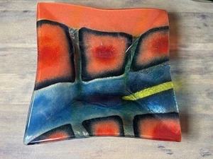 Crate & Barrel Colorful Handmade Fused Glass Sandla Square Platter Poland 11” - Picture 1 of 10