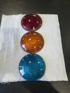 Set rot bernsteinfarbene blaue Glaslinse Signallampe Eisenbahn 4 1/2 x 3 1/2 1935 Corning - Bild 1 von 9