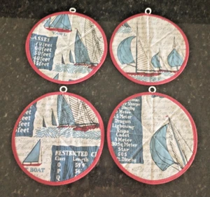 Hand Made Set of 4 Pot Holders with Nautical Sailboat Images In Red White Blue - Picture 1 of 7