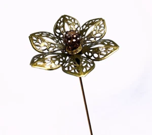HATPIN with Splendid CLASSY FILIGREE Flower with Rhinestones - Bronze Finish 8” - Picture 1 of 9