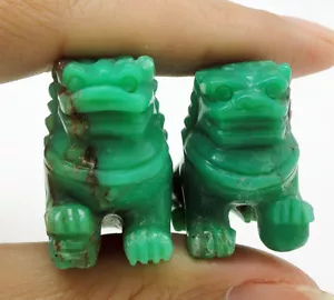 PAIR OF CHINESE LION FOO FU DOG CARVING STATUETTE: HAND-MADE NATURAL CHRYSOPRASE - Picture 1 of 5