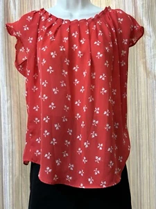 Lauren Conrad Pleated Round Neck Tie-Back Red with Bows Sheer Top Size Medium - Picture 1 of 8