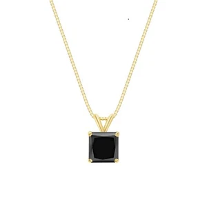 2 Ct Princess Cut Black Solid 14K Yellow Gold Solitaire Pendant 18" Necklace - Picture 1 of 2