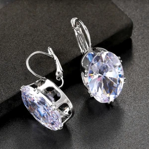 NWT - Large Oval Cut Cubic Zirconia Silver Earrings Lever Backing - Nickel Free - Picture 1 of 7