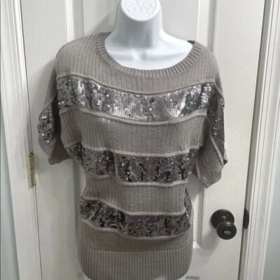 2b Bebe Sweater M Silver Sequin Stripes Wool Blend Y2K Revival Quiet Luxury Glam - Image 1 of 4
