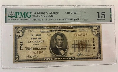 Georgia,  La Grange National bank , 1929 $ 5 , t-1 , F/  VF , PMG F-15 - Image 1 of 2