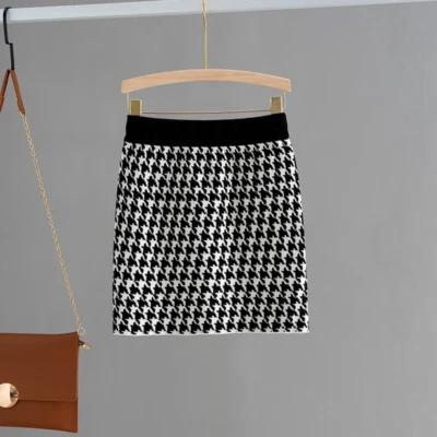 Houndstooth Pattern Elastic Band Knitted Pencil Skirt Bodycon Wear For Women NEW - Image 1 of 4