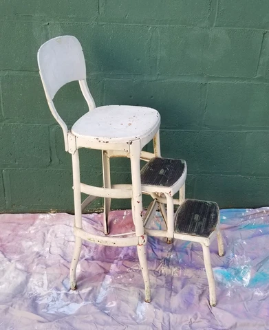 Vintage 1950 COSCO METAL Farm House Folding Step Stool Youth Chair Antique White Cover
