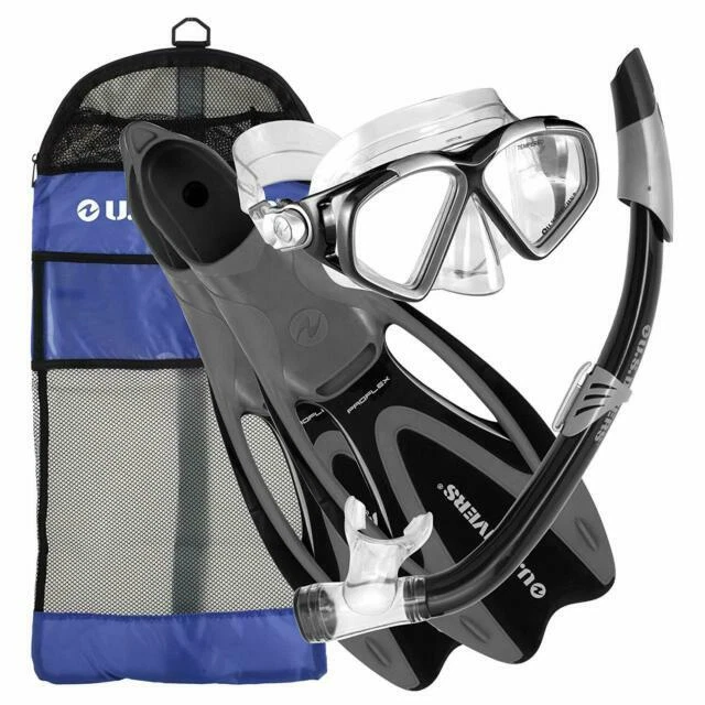 U.S. Divers Cozumel Snorkeling Set - Adult Mask, Proflex Fins, Splash Guard Snorkel and Gear Bag - Medium/Large, Black (257005)