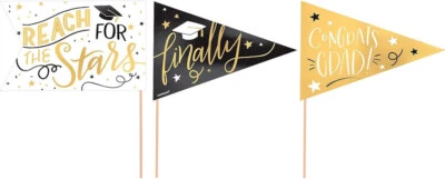 Amscan Grad Pennants with Plastic Stick, 9" x 8", Metallic Gold 11 pc - Image 1 of 4