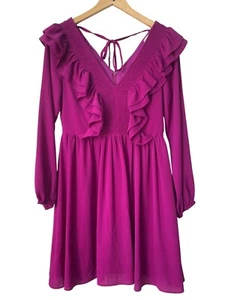 She + Sky Bentley V Neck Ruffle Mini Dress Women Small Magenta Pink Feminine NEW - Picture 1 of 6