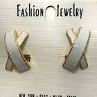 Vintage   Fashion Jewlery  White Enamel  X Design    Clip Earring