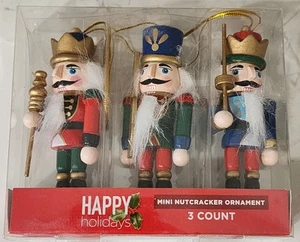Happy Holidays Mini Nutcracker Wooden Christmas Tree Ornaments 3 Count - Picture 1 of 7