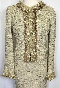 St.John Couture 2 piece jacket skirt beige green gold textured knit NWOT size 10 - Picture 1 of 6