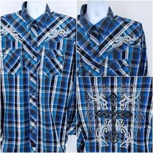 Panhandle Slim Men's 2XL Snap Western Shirt Fit Blue Plaid Pockets 100% Cotton - Picture 1 of 10