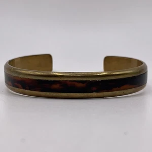 Brazalete De Colección Años 70 Dorado Latón Concha de Tortuga Estampado Animal Incrustación Delicado LEER - Imagen 1 de 9