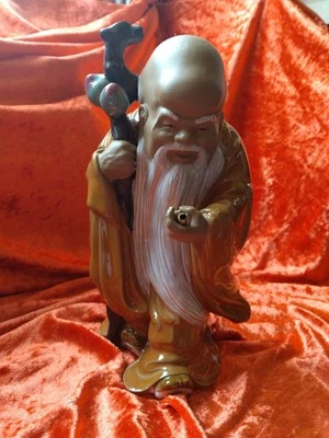 Vintage Chinese Shiwan Mudman  Shouxing God Of Longevity Dog Head Staff Peaches - Image 1 of 4