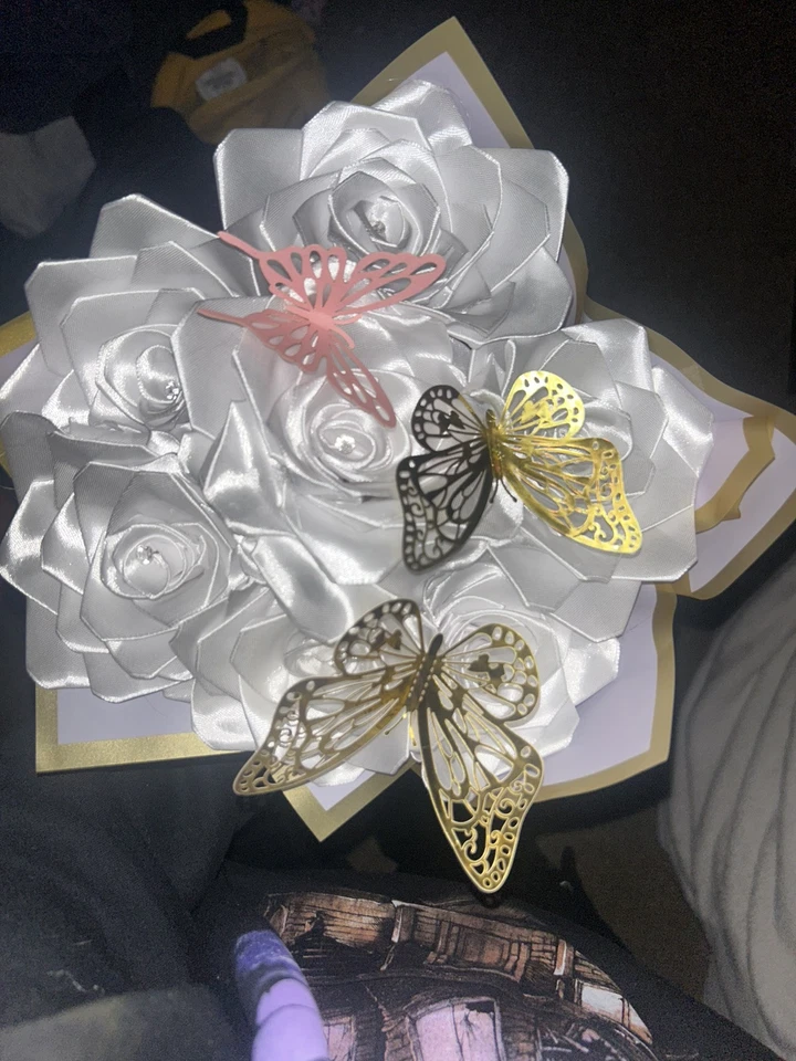 Homemade 7 Ribbon Rose Flower Bouquet In White With Pink And Golden Butterfly’s - Image 1 of 4