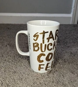 Starbucks 2015 White Gold Graffiti Lettering Ceramic Coffee Cup Mug 16 oz - Imagen 1 de 5