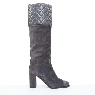 香奈儿 2023 灰色绒面革钻石绗缝 CC 标志粗跟靴 EU38.5 — 第 1/4 张图片