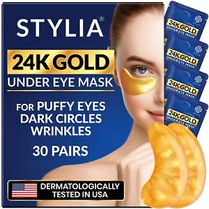 Stylia Under Eye Patches for Puffy Eyes and Dark Circles 30 Pairs 24k Gold Ey... - Picture 1 of 8