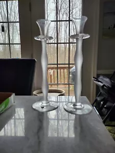 Orefors Coppia di due candelabri in vetro sbrinato celeste 13 pollici - Foto 1 di 7