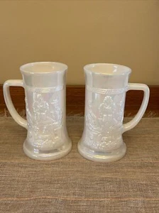 1950 Fenton Federal Iridescent Carnival White Stein Tavern Scene Mug 6"T Set/2 - Picture 1 of 11