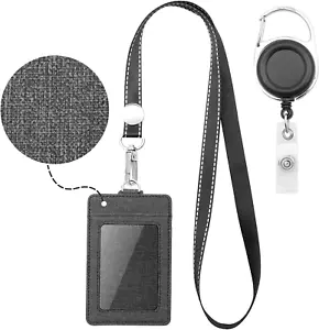 Badge Holder - Leather ID Card Holder Wallet Case with 3 Cards Slot and Neck Lan - Picture 1 of 12