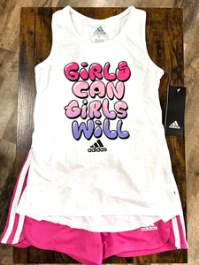 Girls Size 6 Adidas Racer Back Top Pink White 2 Piece Summer Short Set NWT - Picture 1 of 2