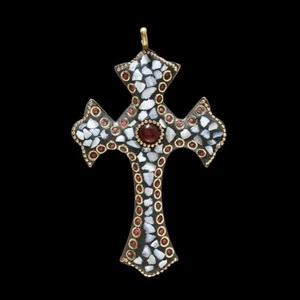 Pearl, Onyx & Red Coral Gemstone Tibatan Handmade Boho Cross Pendant 4.4'' - Picture 1 of 1