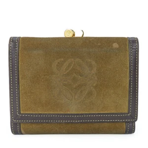 USED LOEWE Tri-fold wallet Suede/leather khaki Brown anagram - Picture 1 of 15