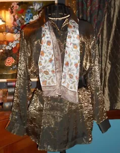 22 24 Shimmer Crinkle Satin Blouse Bronze Gold Long Slv & Vtg Silk Scarf - Picture 1 of 9