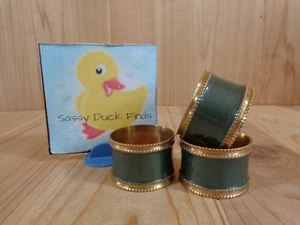 NAPKIN RINGS Set of 3 Brass DARK GREEN Enamel Made in India - Picture 1 of 4