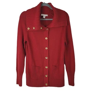 Banana Republic Medium Cardigan Sweater Red Gold Buttons Turtleneck Holidays - Picture 1 of 9
