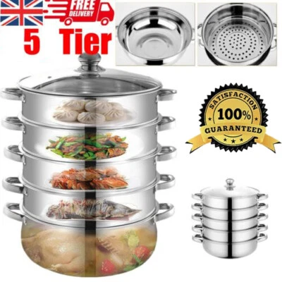 5-Tier Stainless Steel Steamer Pot 28cm - For Dumplings Rice Veg Healthy Cooking - Image 1 of 4