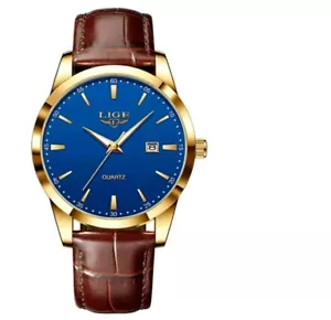 Mens LIGE Classic Luxury Wristwatch Sports Waterproof Quartz Leather Strap Watch - Picture 1 of 15