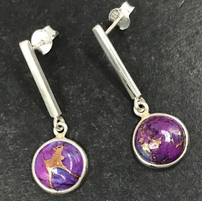 Purple Mohave drop earrings. Solid Sterling Silver, round. Bar. New. Gift box. - Image 1 of 4