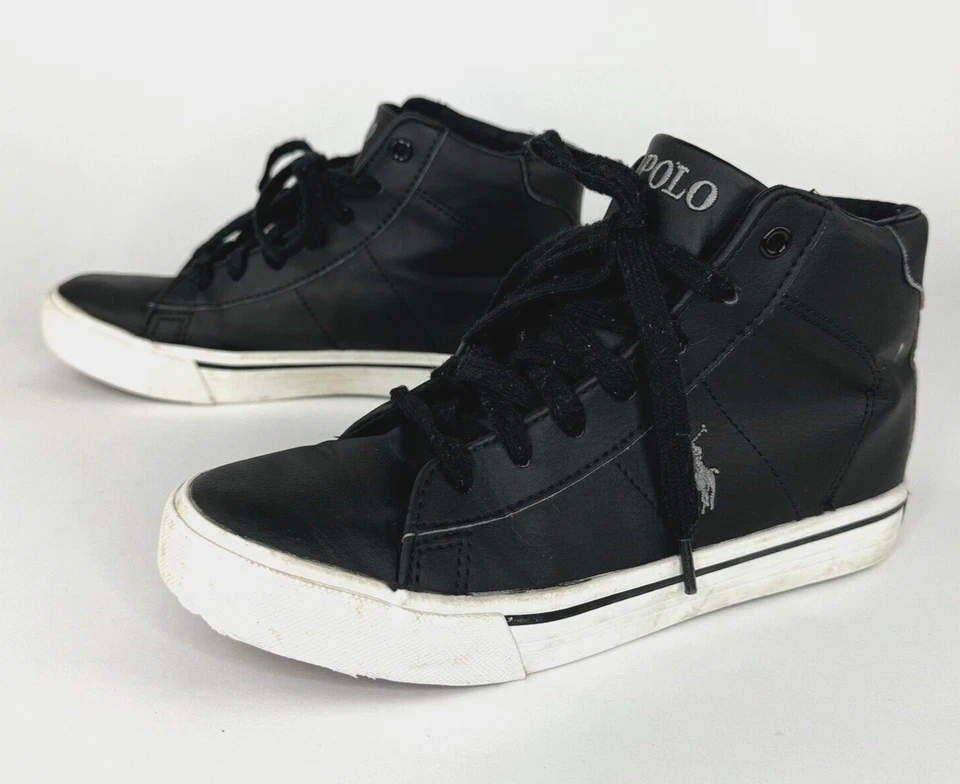 Tênis Polo Ralph Lauren Juvenil Tamanho 3.5 Preto Couro High-Top - Imagem 1 de 4