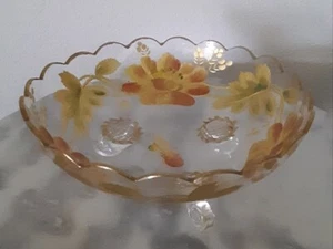 Victorian Moser Type Art Glass Rose Pattern Gold Encrusted Bowl Cut Top 3 Feet - Picture 1 of 3