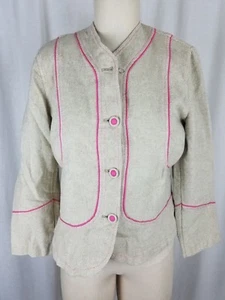 Sigrid Olsen Woven Tan Linen Cotton Pink Piped Button Up Jacket Blazer Womens 8 - Picture 1 of 11